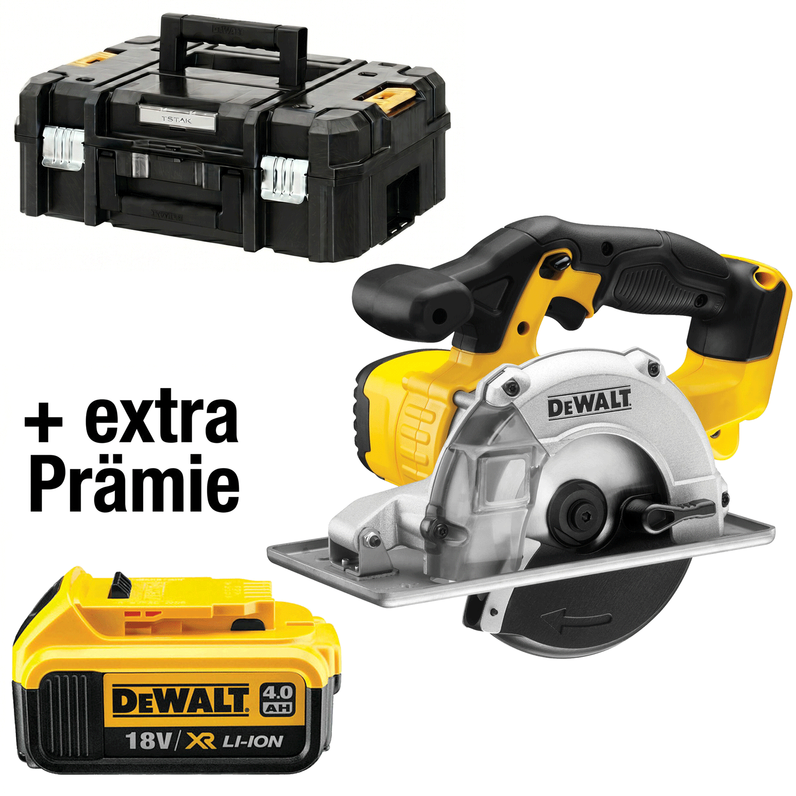 DeWALT Akku-Metallkreissäge 18V DCS373NT-XJ ohne Akku ohne Lader in T-STAK Box + Prämie Akku 18V 4,0 Ah