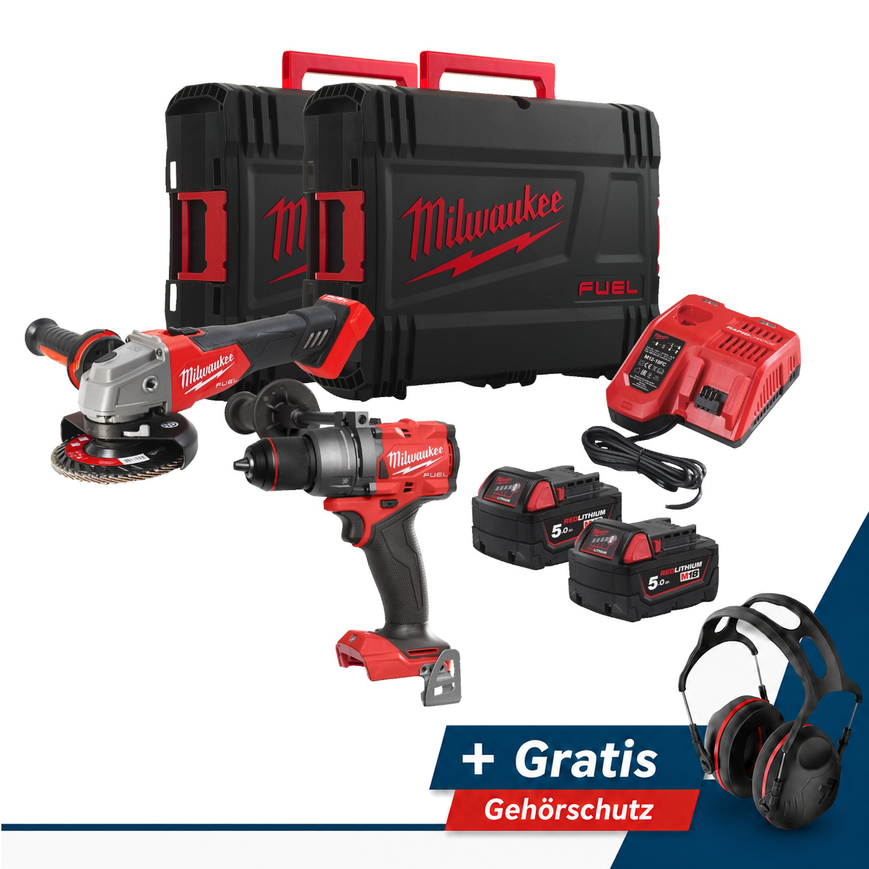 Milwaukee Maschinen-Set M18FPP2E3-502X: M18 FPD3-502X +M18 FSAG125X-0X, 2x5,0 Ah + PerfectPro Gehörschutz H-5