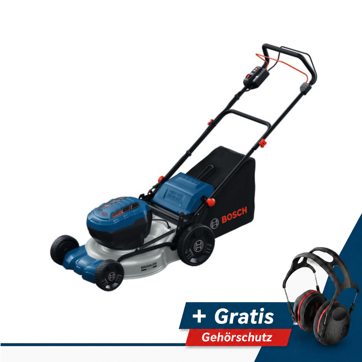 Bosch Akku-Rasenmäher GRA18V2-46SP, 2x EXBA18V-55 (5,5 Ah) und 2x Ladegerät GAL 12V/18V-80 + PerfectPro Gehörschutz H-5