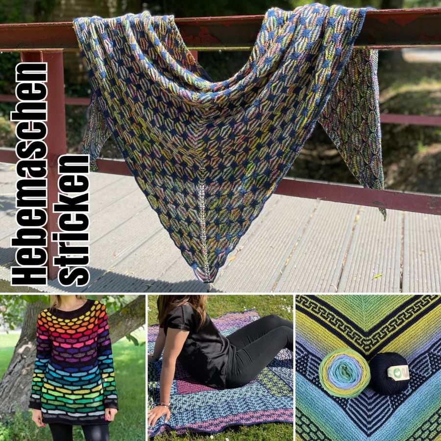 Projekte zum Stricken mit Hebemaschen wie Tücher, Pullover und Decke.