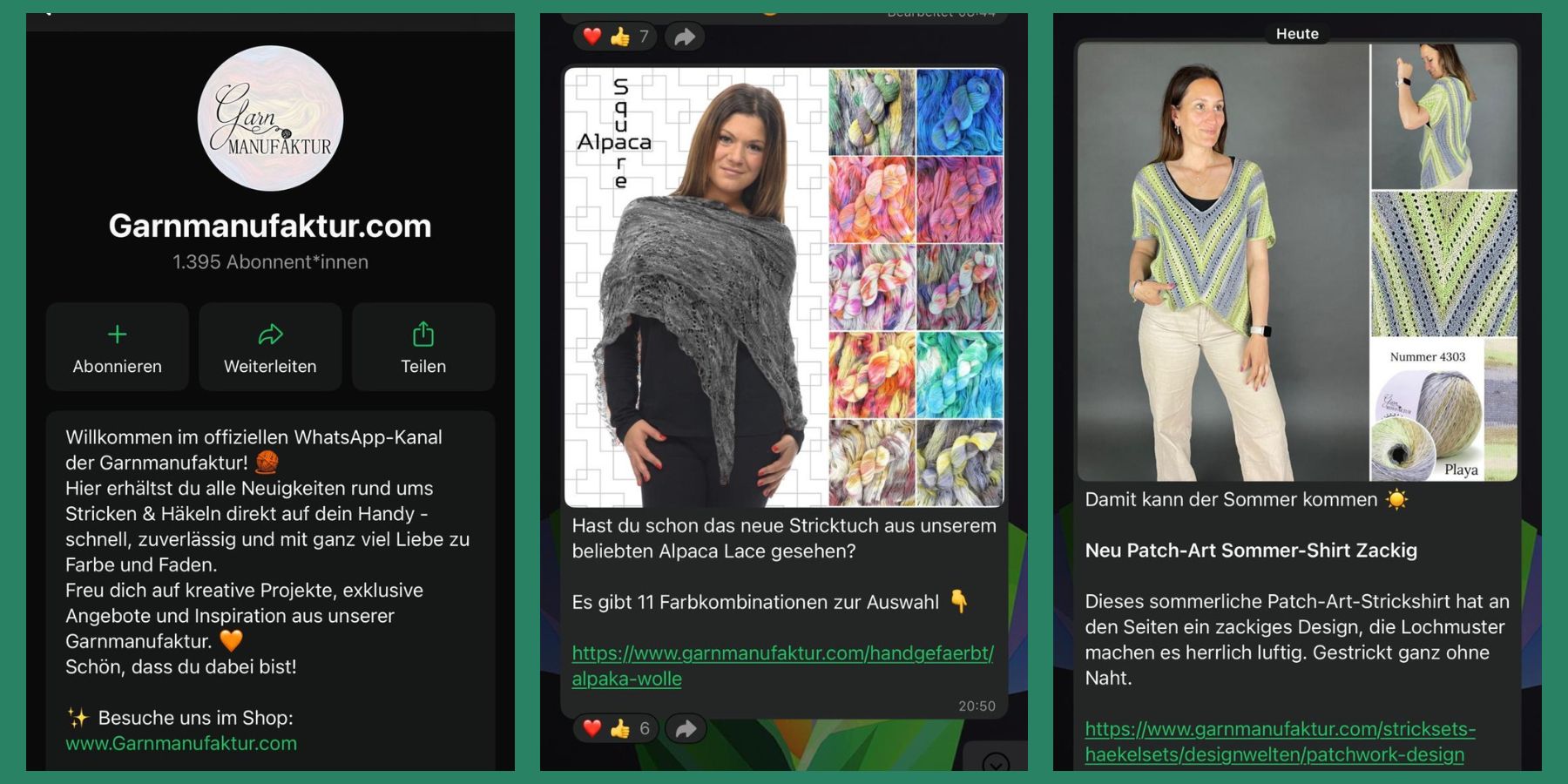 Ausschnitte aus unserem WhatsApp Kanal mit über 1.000 Abonnenten. Zwei Beiträge von einem Stricktuch und Shirt.