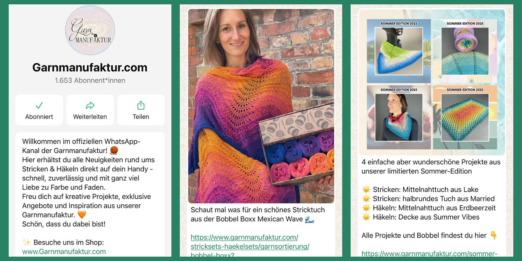 Ausschnitte aus unserem WhatsApp Kanal mit über 1.000 Abonnenten. Zwei Beiträge von einem Stricktuch und Shirt.