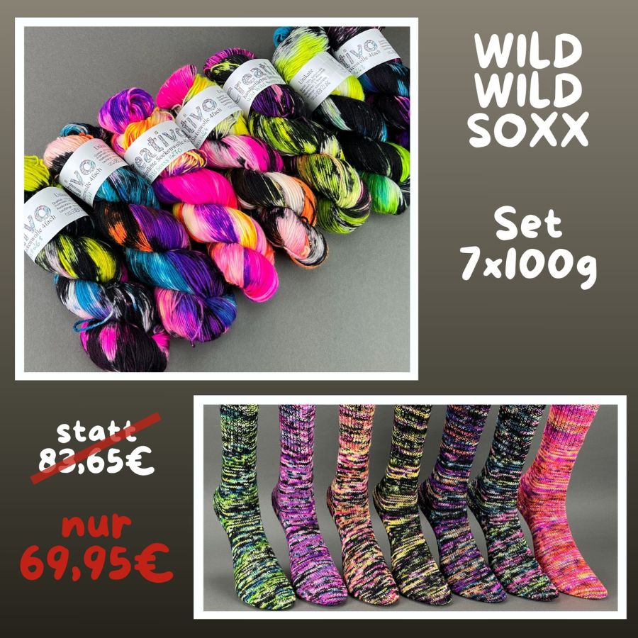 Handgefärbte Sockenwolle in bunten Farben und Kontrast in schwarz. Als Strang und socken gestrickt.