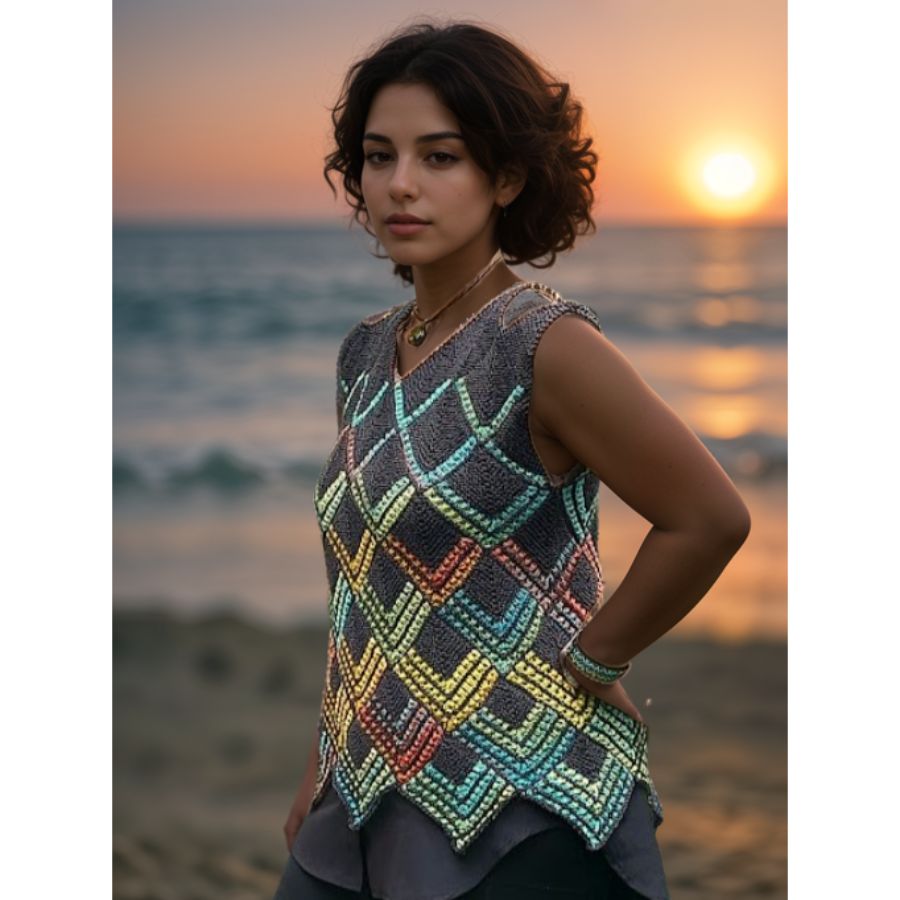 Top gestrickt aus kleinen Patches in den Farben bunt mit Kontrast in schwarz.