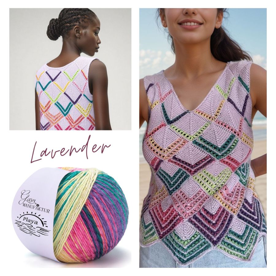Top gestrickt aus kleinen Patches in den Farben bunt mit Kontrast in lavendel.