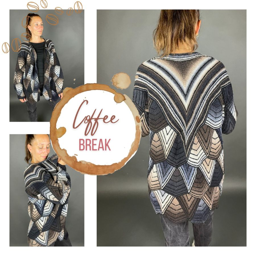 Jacke gestrickt aus kleinen Patches mit einem Highlight als Dreieck auf dem Rücken. Sanften Farbverlauf in beige, braun und grau kombiniert mit schwarz.