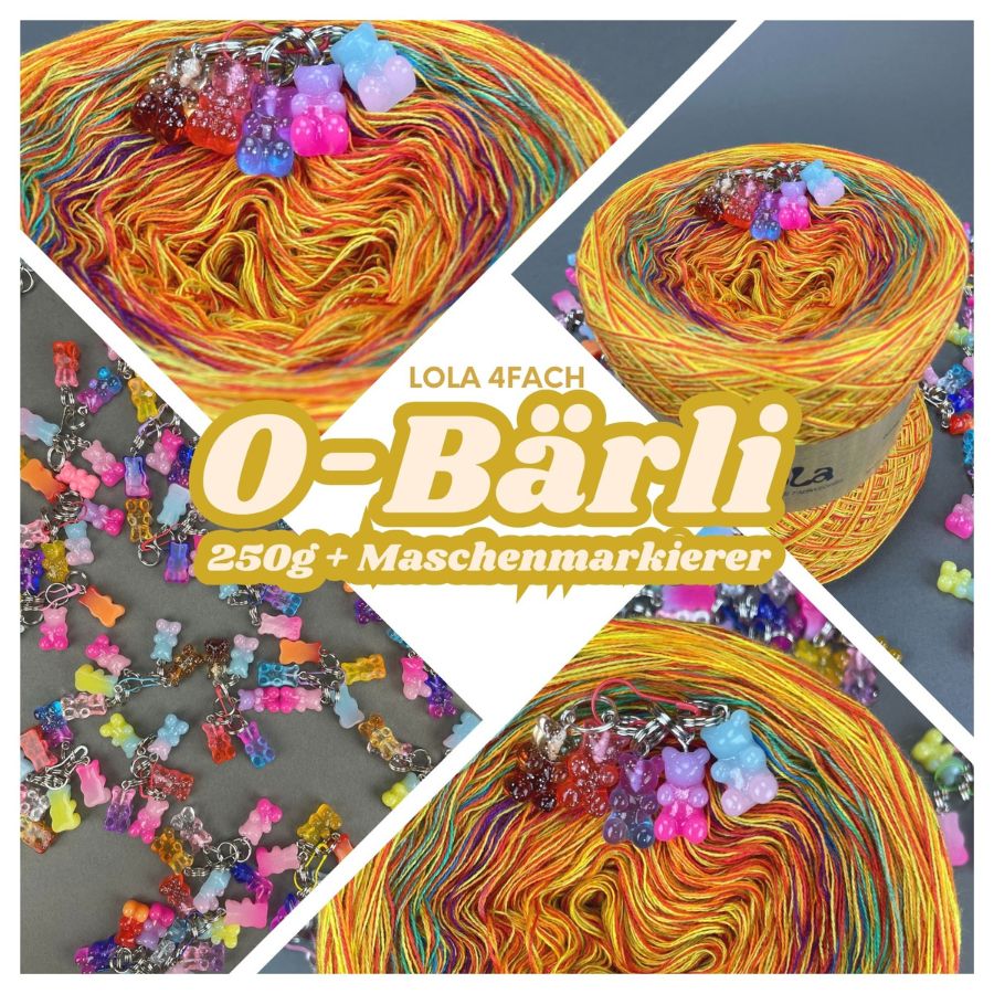 Regenbogenverlauf mit den Grundfarben gelb und orange. Dazu gibt es 5 Bärchen-Maschenmarkierer.
