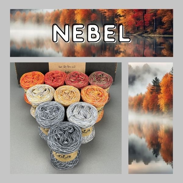 Bobbel Boxx mit 10 Knäueln der Herbst-Edition im Farbverlauf grau, orange und braun.