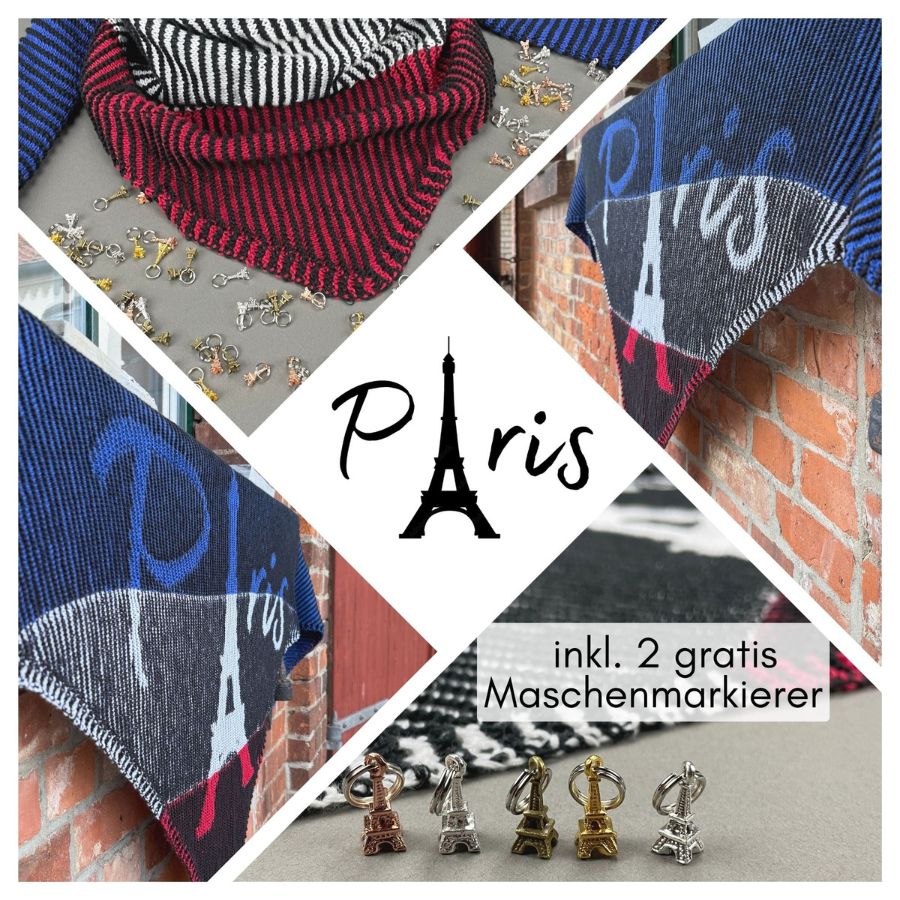 Tuch gestrickt aus LoLa Baumwollgarn in den Farben schwarz mit blau, weiß und rot. Beim Illusionsstricken sieht man aus einem seitlichen Winkel das Motiv des Schriftzugs Paris mit dem Eiffelturm als A.