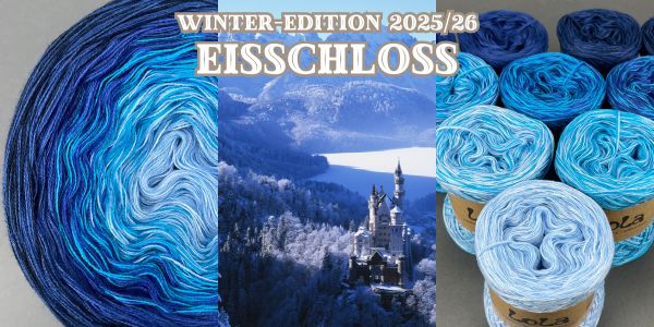 Winter-Edition 2025/26 im Verlauf Eisschloss in hellblau, türkis, blau und marine.