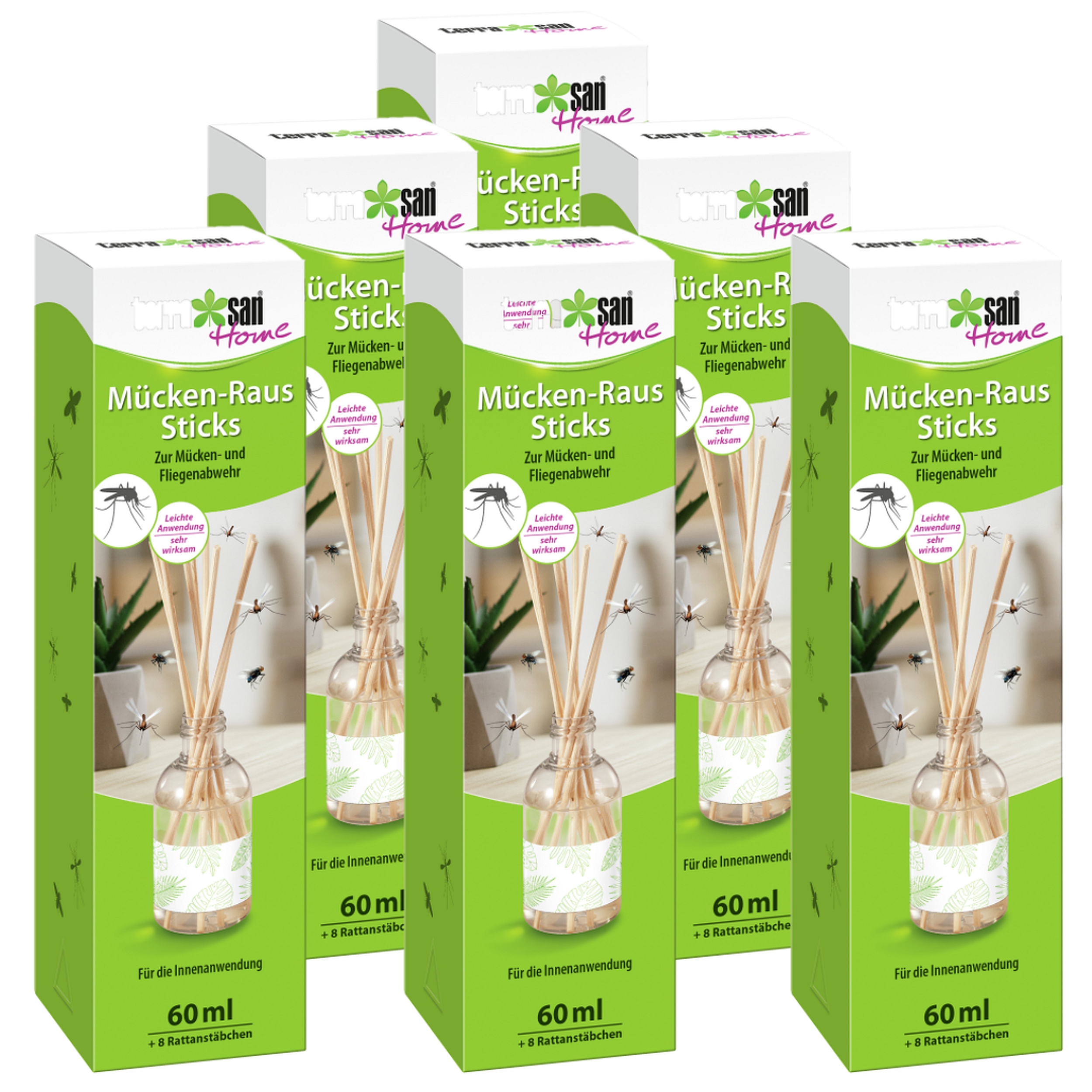 Sparset: 6 x TERRASAN HOME Mcken-Raus Sticks, 1 Flakon + 8 Rattanstbchen  | Oleandershop