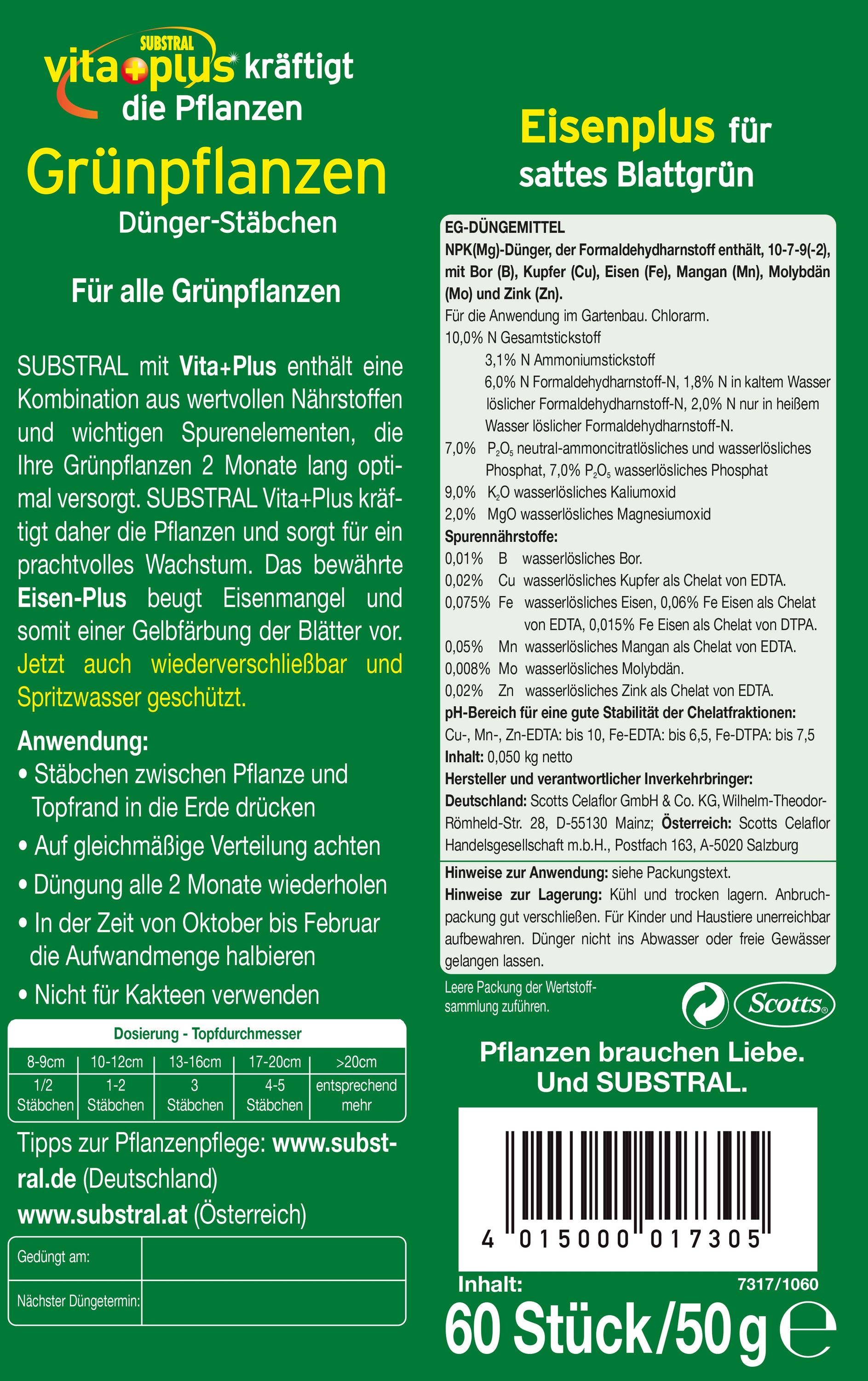 SUBSTRAL Grnpflanzen Dnger-Stbchen, 30 Stck | Oleandershop