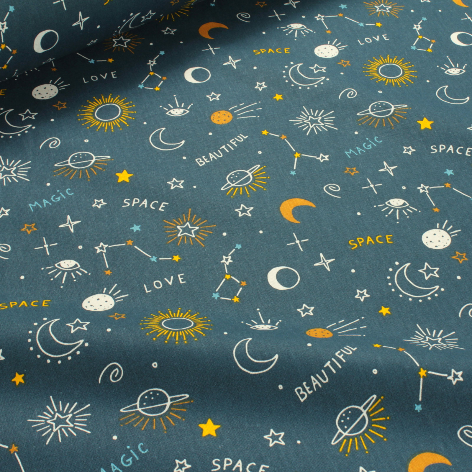 Stoff Kinderstoff Baumwolle petrol Weltall 160 cm Baumwollstoff