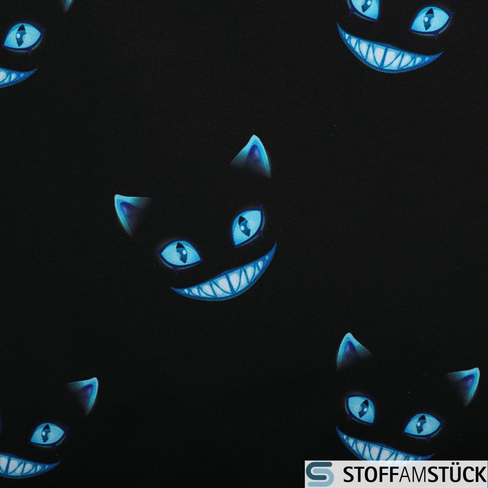 Polyester Soft shell schwarz Grinsekatze blau Stoff am Stück