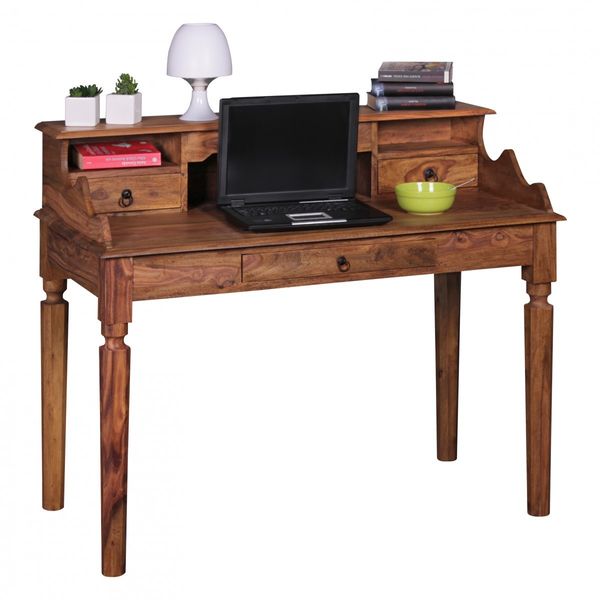 Schreibtisch Massivholz Sheesham | Sekretär 115 x 100 x 60 cm mit 3 Schubladen | Konsolentisch im Landhaus-Stil