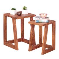 2er Set Beistelltisch Massivholz Sheesham Design Wohnzimmer-Tisch eckig Nachttisch Satztisch Landhaus-Stil