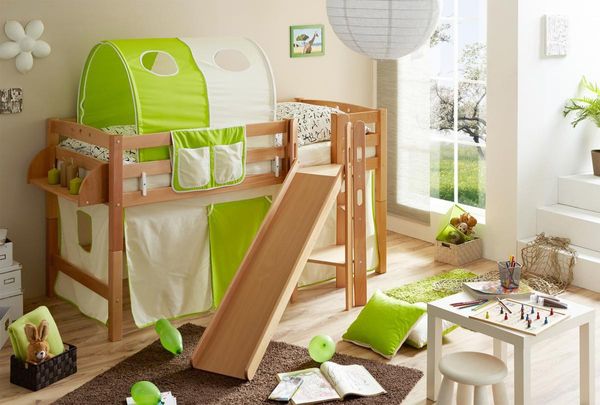 Podestbett mit Rutsche "Tino" Buche Natur "beige-grün"