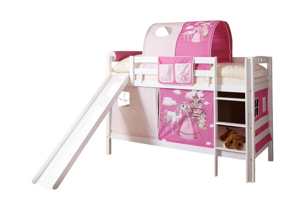 Etagenbett mit Rutsche "Lupo" Buche massiv weiß "Horse (pink)"
