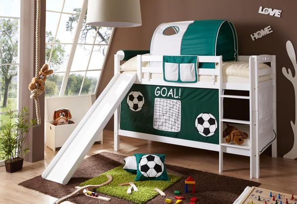 Etagenbett mit Rutsche "Lupo" Buche massiv weiß "Goal"