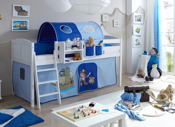 Hochbett "Eric" Country Kiefer weiß "Pirat hellblau-dunkelblau"