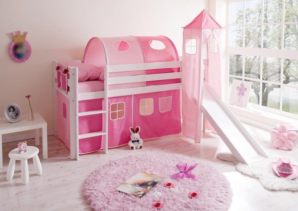 Rutschbett mit Turm "Kasper" Kiefer weiß "rosa-pink"