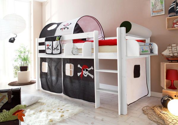 Hochbett "Malte" Kiefer weiß "Pirat schwarz-weiß"