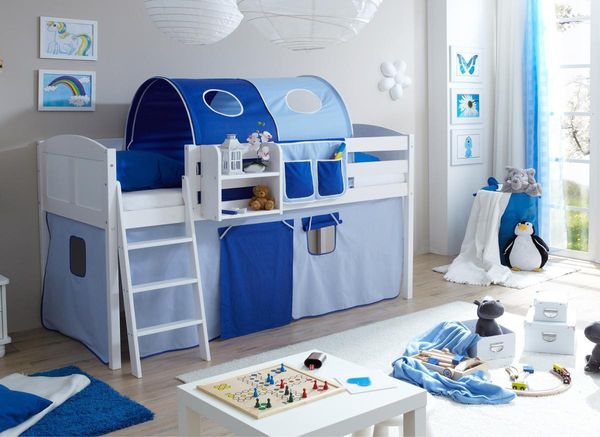 Hochbett "Eric" Country Kiefer weiß "hellblau-dunkelblau"