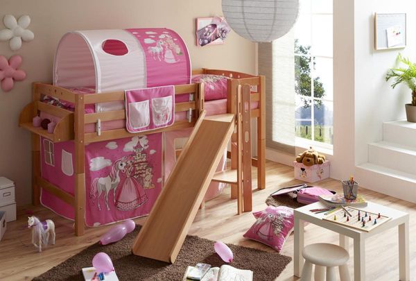 Podestbett mit Rutsche "Tino" Buche Natur "Horse (pink)"
