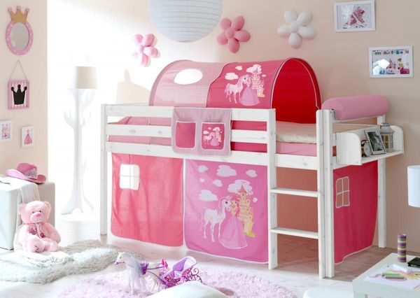 Hochbett "Malte" Kiefer weiß "Horse (pink)"