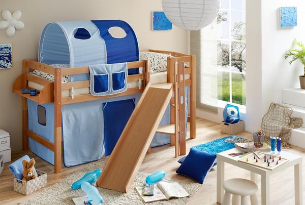 Podestbett mit Rutsche "Tino" Buche Natur "hellblau-dunkelblau"