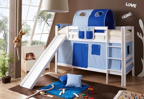 Etagenbett mit Rutsche "Lupo" Buche massiv weiß "hellblau-dunkelblau"