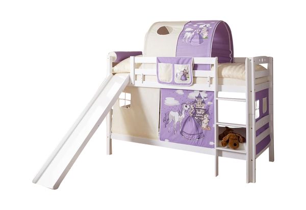 Etagenbett mit Rutsche "Lupo" Buche massiv weiß "Horse (lila)"