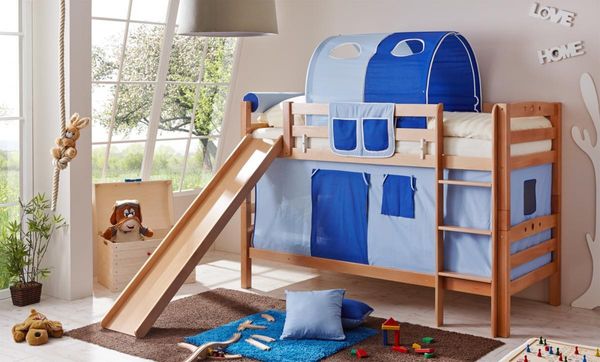Etagenbett mit Rutsche "Lupo" Buche massiv Natur "hellblau-dunkelblau"