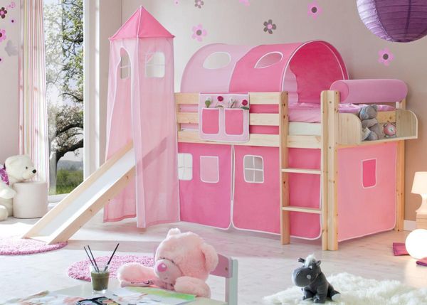 Rutschbett mit Turm "Kasper" Kiefer Natur "rosa-pink"