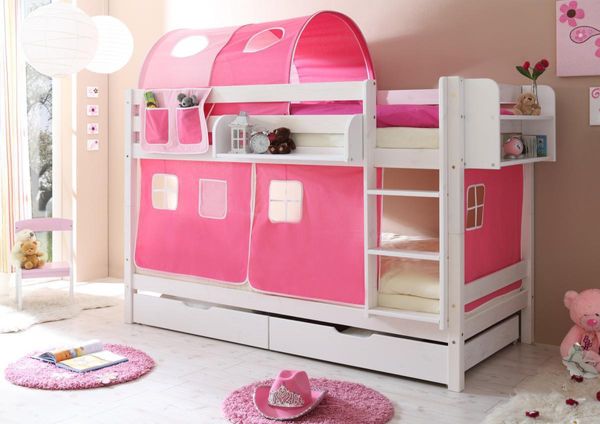 Etagenbett "Marcel" Kiefer weiß "rosa-pink"