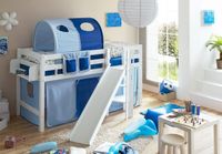 Podestbett mit Rutsche "Tino" Buche weiß "hellblau-dunkelblau"
