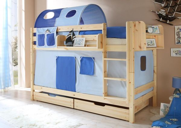 Etagenbett "Marcel" Kiefer Natur "hellblau-dunkelblau"