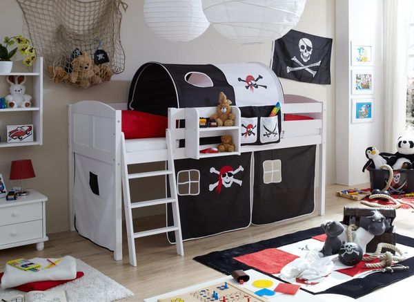 Hochbett "Eric" Country Kiefer weiß "Pirat schwarz-weiß"