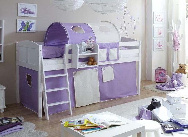 Hochbett "Eric" Country Kiefer weiß "lila-beige"
