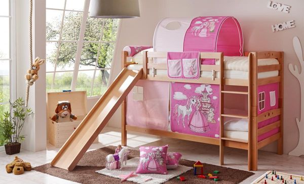 Etagenbett mit Rutsche "Lupo" Buche massiv Natur "Horse (pink)"