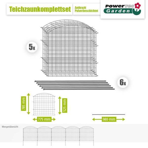 11tlg. Teichzaun Oberbogen, ca. 390 x 78,5 cm - Anthrazit
