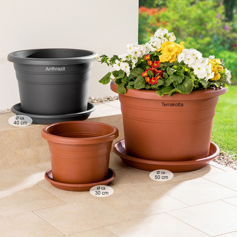 Blumentopf "Cilindro" mit Untersetzer,  ca. 40 cm, Terrakotta - 4er Set