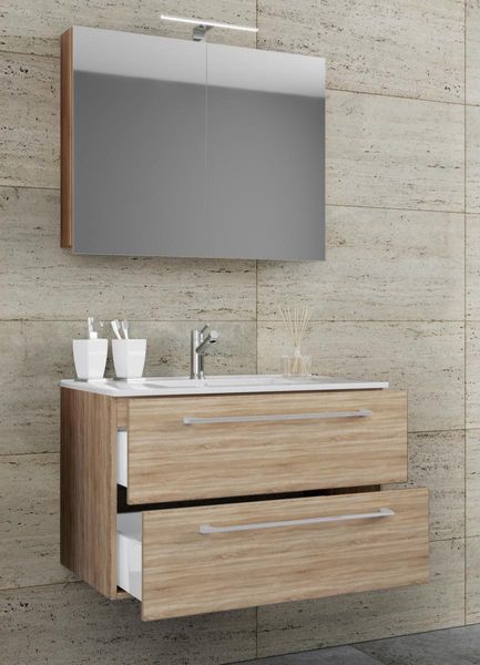 3-tlg. Waschplatz 60cm 2 Schubfächer | Mit Spiegelschrank Sonoma-Eiche