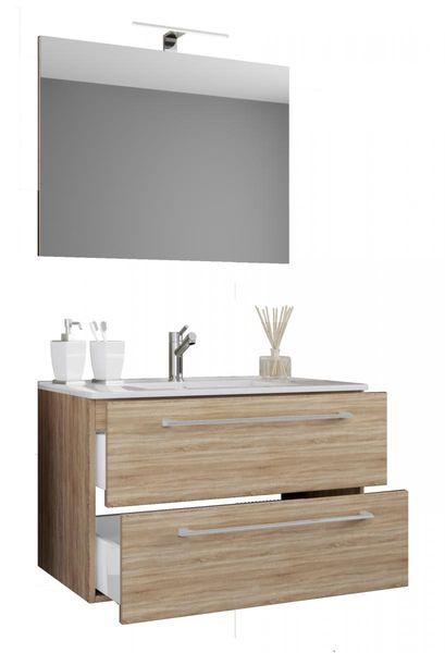 3-tlg. Waschplatz 60cm 2 Schubfächer | Mit Spiegel Sonoma-Eiche