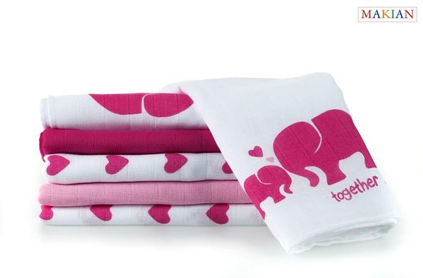 Mullwindeln, 6er Set, Design Elefant/rosa, 80x80cm