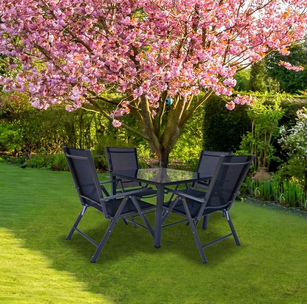 Alu-Gartenset 140 Schwarzglas Tisch + 4 Stühle