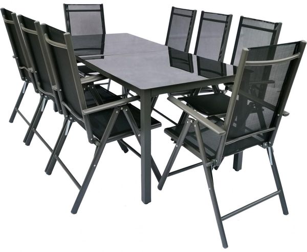 Alu-Gartenset 189 Schwarzglas Tisch + 8 Stühle