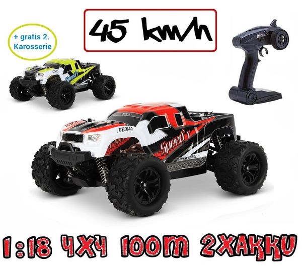 Blij´r Speed´r ferngesteuerter RC Monstertruck Rot 45 km/h, 1:18, 2 Akkus, Allrad, 100m, Ersatzkarosserie