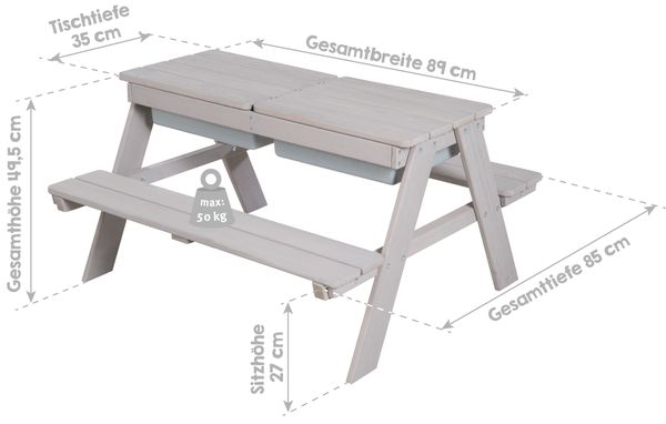 Kindersitzgarnitur Outdoor+ mit Spielwannen, wetterfeste Massivholz Sitzgarnitur & Matschtisch