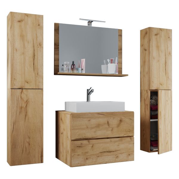 Badblock Lendas XL 60cm Unterschrank + Spiegel + 2 Seitenschränke Honig-Eiche
